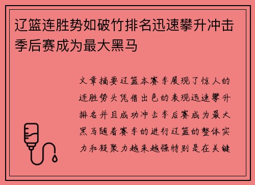 辽篮连胜势如破竹排名迅速攀升冲击季后赛成为最大黑马