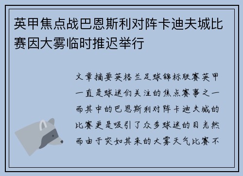 英甲焦点战巴恩斯利对阵卡迪夫城比赛因大雾临时推迟举行