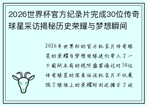 2026世界杯官方纪录片完成30位传奇球星采访揭秘历史荣耀与梦想瞬间