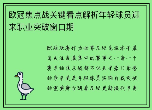 欧冠焦点战关键看点解析年轻球员迎来职业突破窗口期