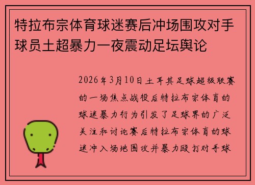 特拉布宗体育球迷赛后冲场围攻对手球员土超暴力一夜震动足坛舆论 特拉布宗体育球迷赛后冲场围攻对手球员土超暴力一夜震动足坛舆论